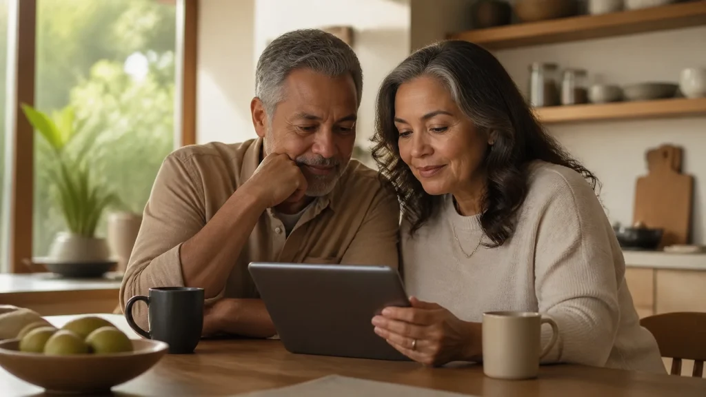 A couple in their mid-60s sitting at a dining table in a cozy home, reviewing retirement savings documents and a calculator beside a cup of coffee in warm natural light.